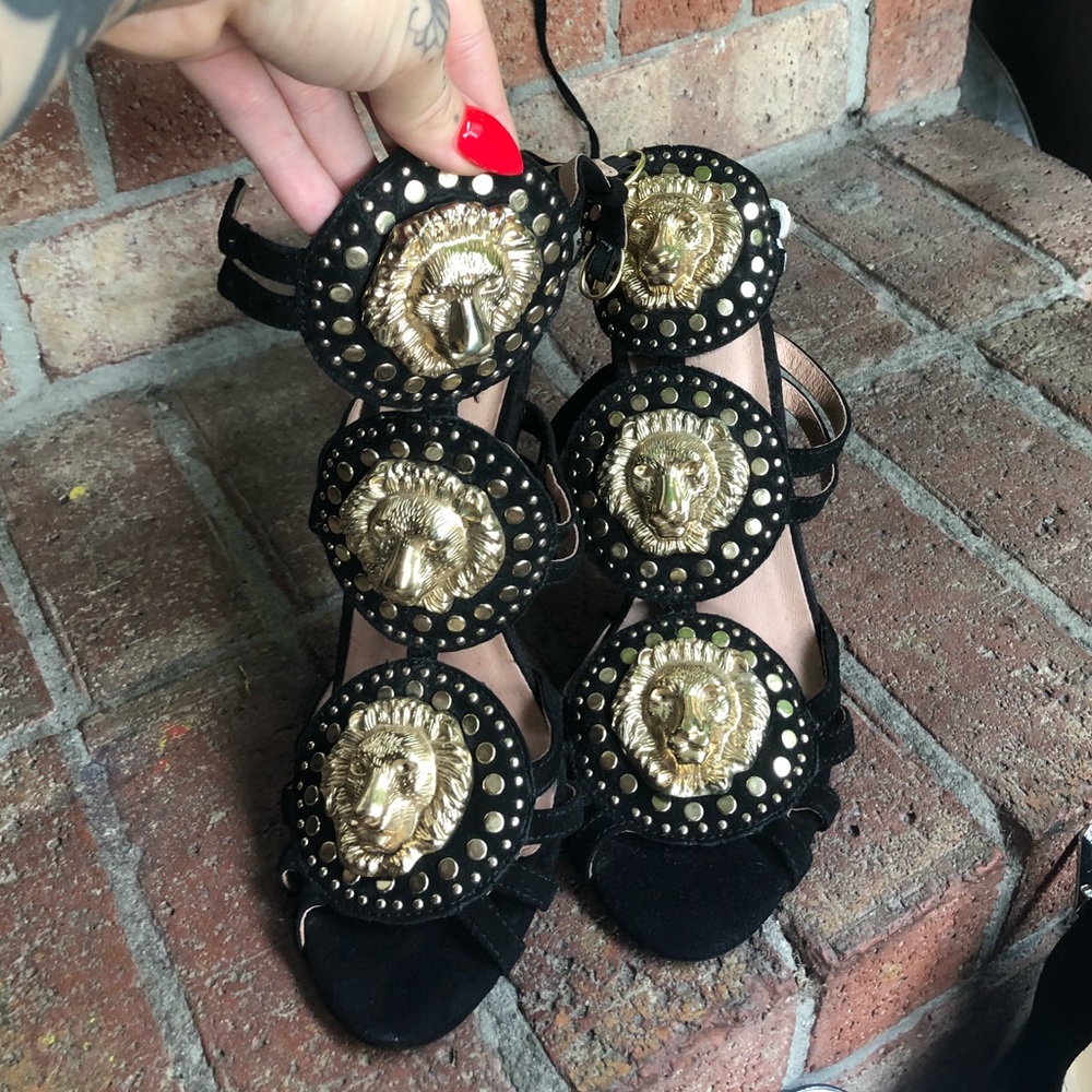 Jeffrey Campbell black leather lion head heels
